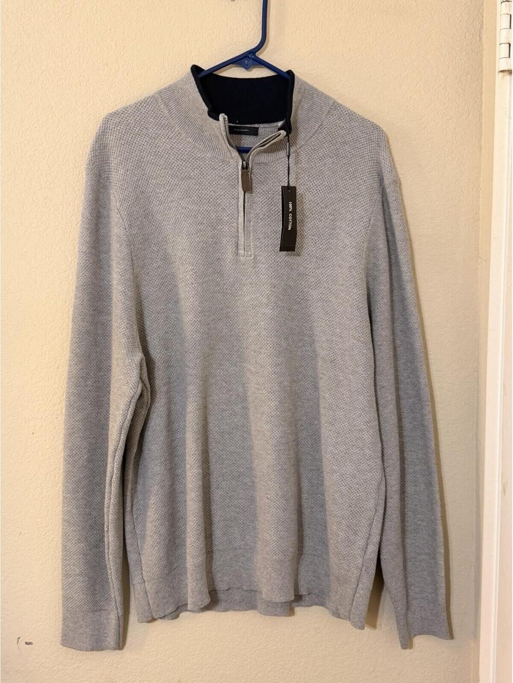 Tahari Men's XL 1/4 Zip Mock Neck Cotton Knit Pullover Sweater Light Grey Navy